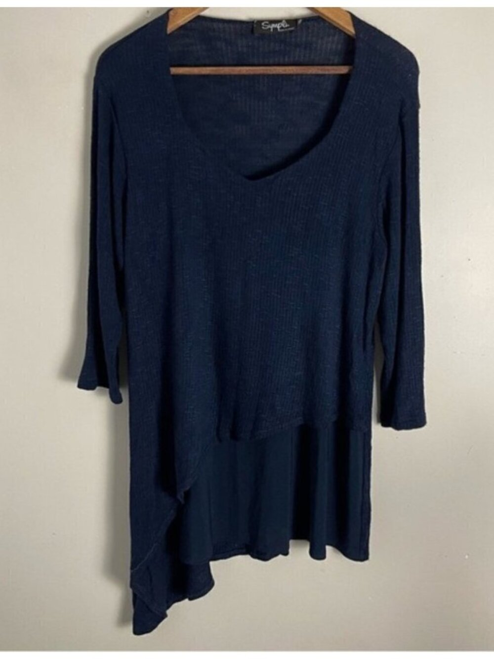 Sympli Ribbed Asymmetrical Tunic Top Sweater navy size 12 Lagenlook travel